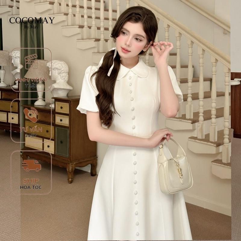 COCOMAY Đầm Maxi MâyMây cổ sen nút bọc tay bồng nhẹ 2 màu Đen / Trắng ...
