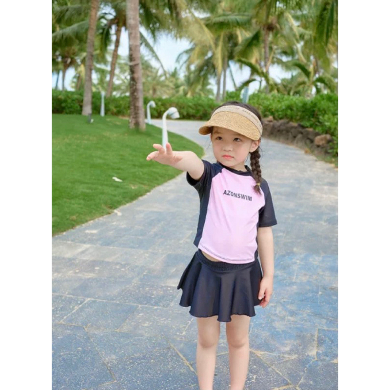 Đồ bơi cặp mẹ và bé áo phối Hồng baby cute kèm chân váy có quần trong