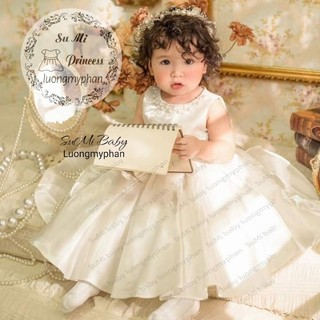 [ HÀNG CAO CẤP ] [ Tặng lúp ] Váy công chúa cổ ngọc nơ eo siêu phồng xòe vải tafta bóng sang trọng cho bé