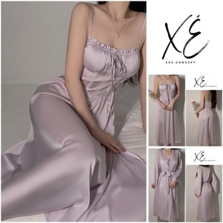 Váy ngủ (V21) - Váy tiểu thư lụa tím phối ren dáng dài nhẹ nhàng có đệm vừa