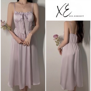 Váy ngủ (V21) - Váy tiểu thư lụa tím phối ren dáng dài nhẹ nhàng có đệm vừa