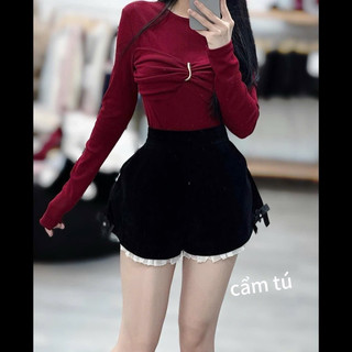 QCL1 Q2601 Quần sooc nhung phối ren trắng đính nơ siêu xinh dễ mix đồ lắm