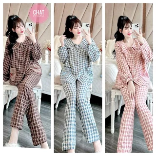 [SEN NHUNG] Sét Bộ Pyjama Kẻ Caro nhung Sen Túi Nơ tay dài quần áo siêu hot CHAT175