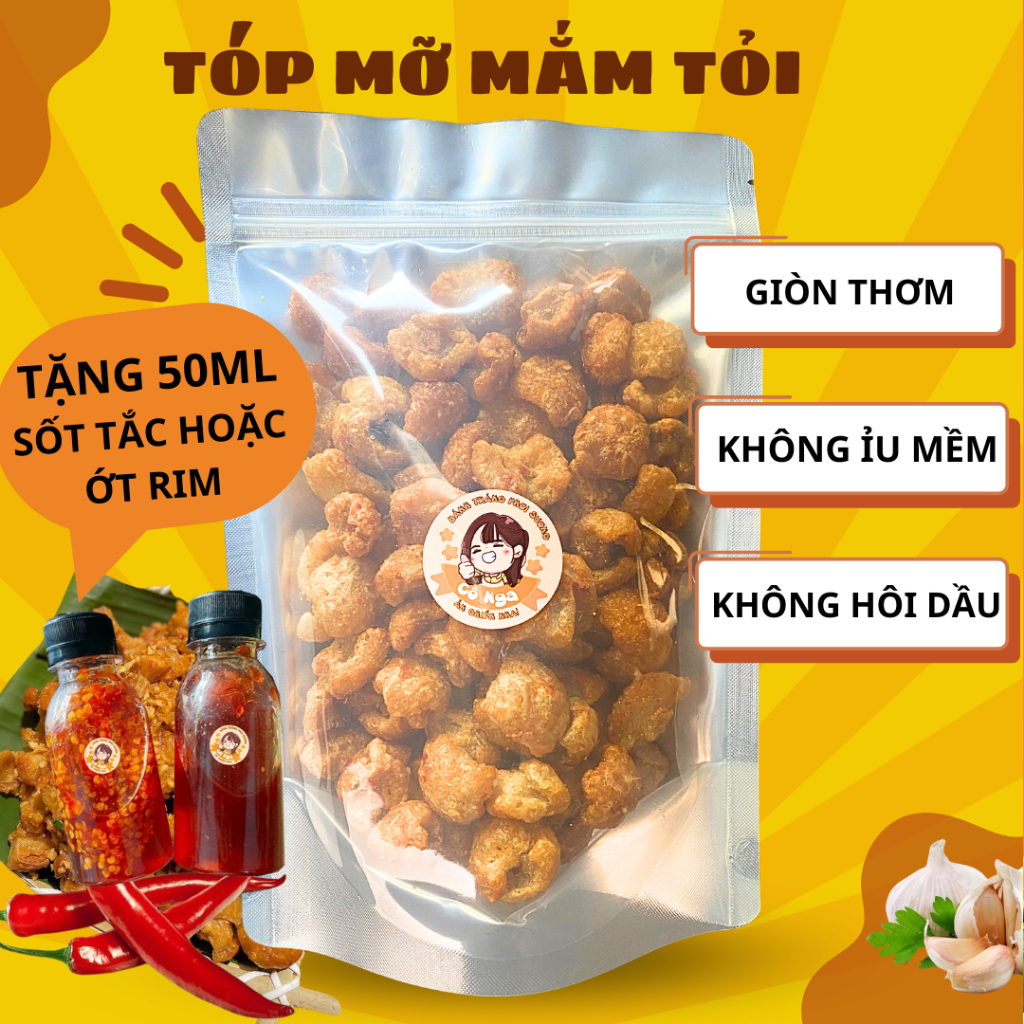 Tóp mỡ rim mắm tỏi da giòn rụm ăn vặt dạng túi