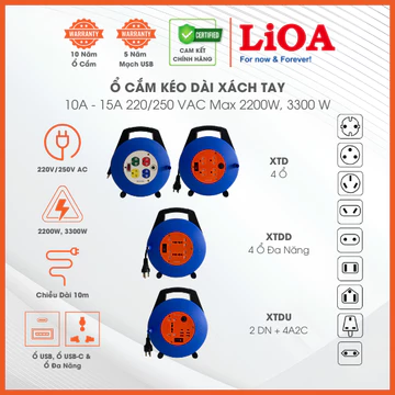 Ổ Cắm Kéo Dài Quay Tay Rulo Kiểu Xách Tay LiOA Mã XTD. Dây Dài 10m, Công Suất 2200W 3300W, Ổ Cắm Đa Năng/ TypeA/ Type C