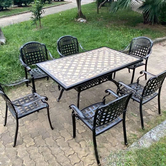 Bộ bàn tiệc khung nhôm mặt đá gốm Ghế Nhôm Đúc hàng nhập khẩu đẹp sắc nét, độ bền trên 20 năm sử dụng Bàn Sân Vườn