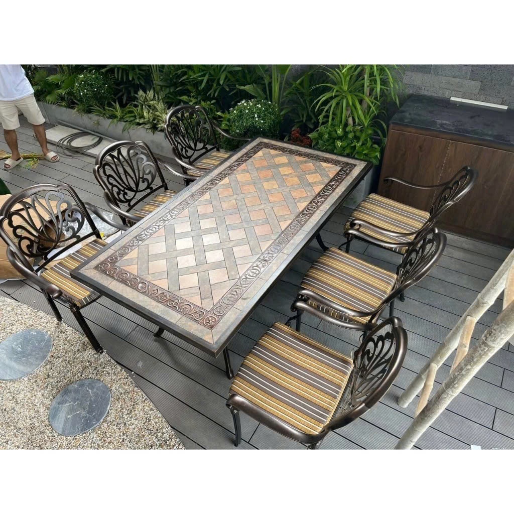 Bộ bàn tiệc khung nhôm mặt đá gốm Ghế Nhôm Đúc hàng nhập khẩu đẹp sắc nét, độ bền trên 20 năm sử dụng Bàn Sân Vườn