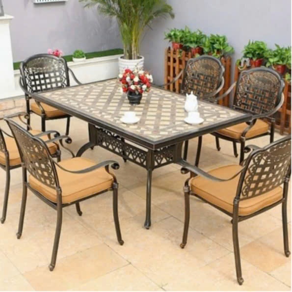 Bộ bàn tiệc khung nhôm mặt đá gốm Ghế Nhôm Đúc hàng nhập khẩu đẹp sắc nét, độ bền trên 20 năm sử dụng Bàn Sân Vườn
