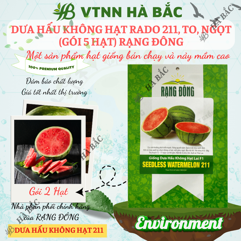 Hạt giống Dưa Hấu Không Hạt Lai F1 211 (5 hạt) trái to, ruột đỏ tươi, ngọt, trồng quanh năm
