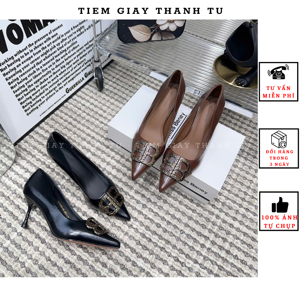 (F1113-3 ) Giày cao gót nữ công sở da mềm mũi nhọn gót nhọn đính tag bạc hàng QCCC fullbox