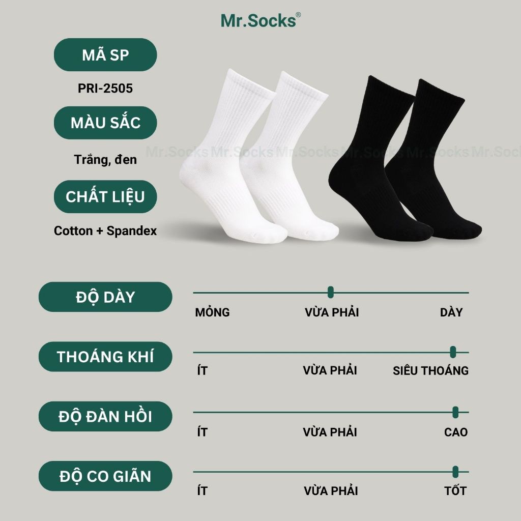 Tất trắng cổ cao Mr.Socks, vớ nam nữ màu trơn basic chất cotton dày dặn, êm chân - PRI-2505-1DOI