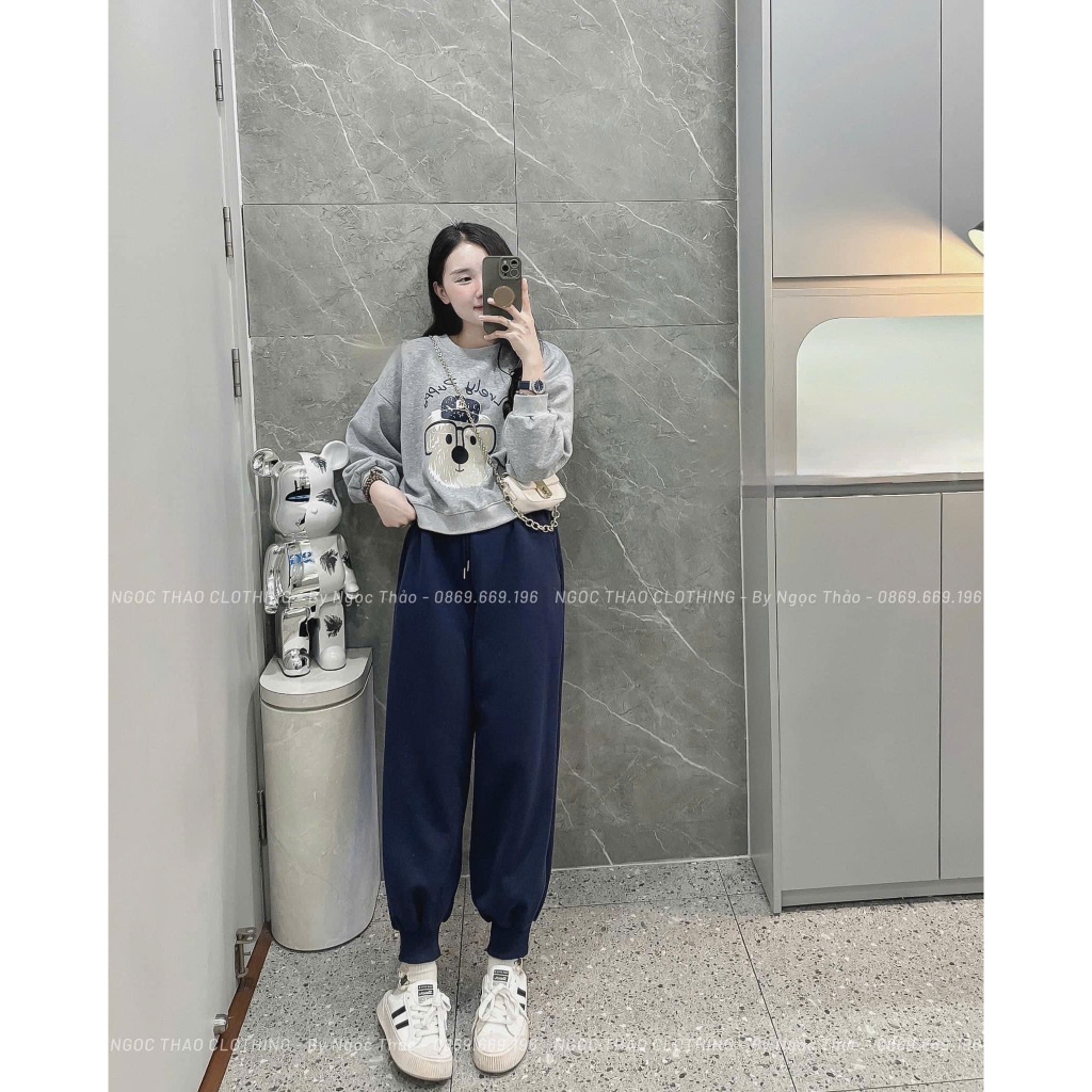 Set bộ đồ nỉ thun nữ hai màu XÁM ĐỎ  phối quần ống bo, set bộ đồ nữ hoạ tiết gấu chữ phối quần rộng ống bo đơn giản