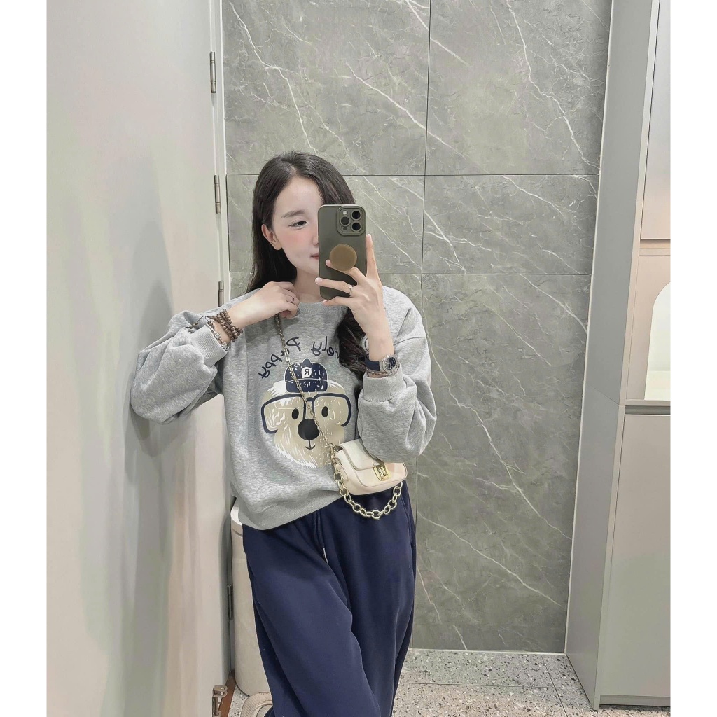 Set bộ đồ nỉ thun nữ hai màu XÁM ĐỎ  phối quần ống bo, set bộ đồ nữ hoạ tiết gấu chữ phối quần rộng ống bo đơn giản