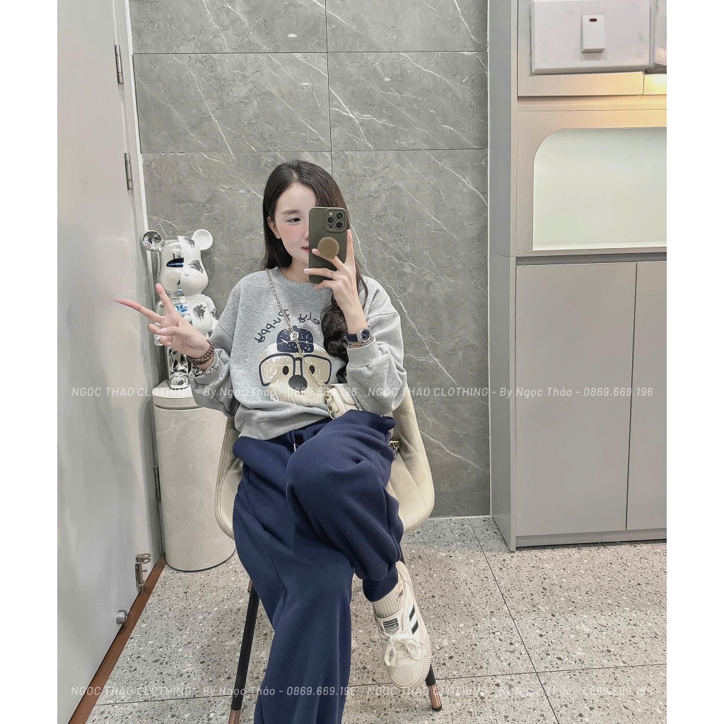 Set bộ đồ nỉ thun nữ hai màu XÁM ĐỎ  phối quần ống bo, set bộ đồ nữ hoạ tiết gấu chữ phối quần rộng ống bo đơn giản