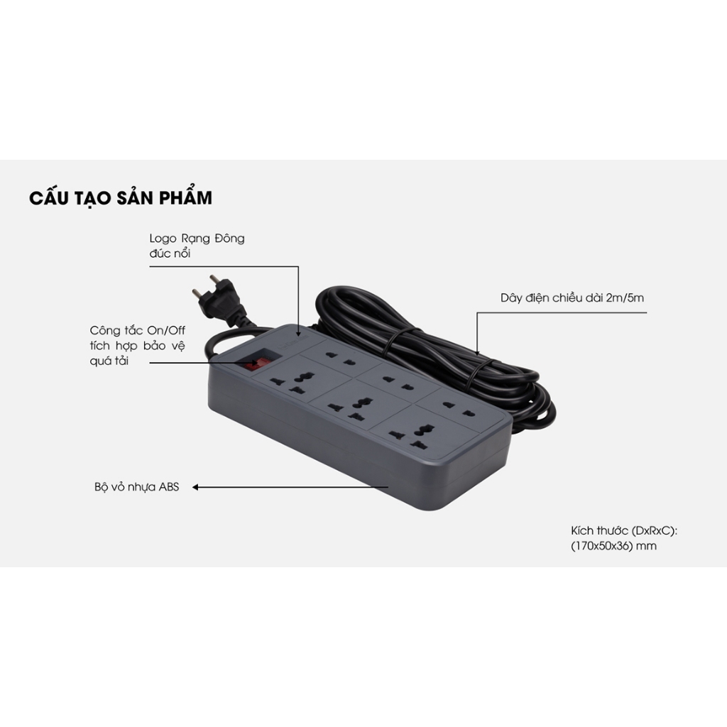 Ảnh Ổ cắm đa năng kéo dài nhiều ổ dây 2M và 5M Rạng Đông - Model: OC06.V2 6C/2M/10A 4