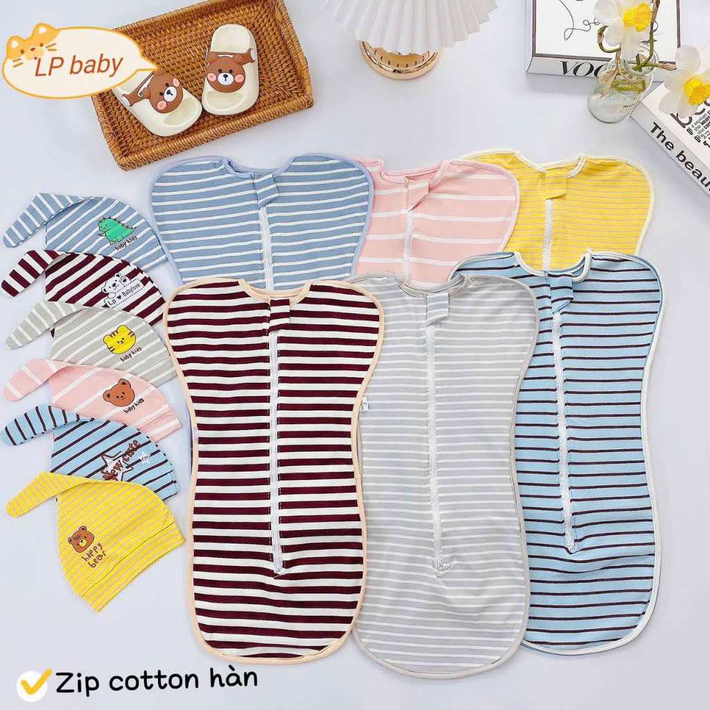 Nhộng chũn kẻ kèm mũ mềm mịn co giãn 4 chiều giúp bé ngủ sâu êm giấc