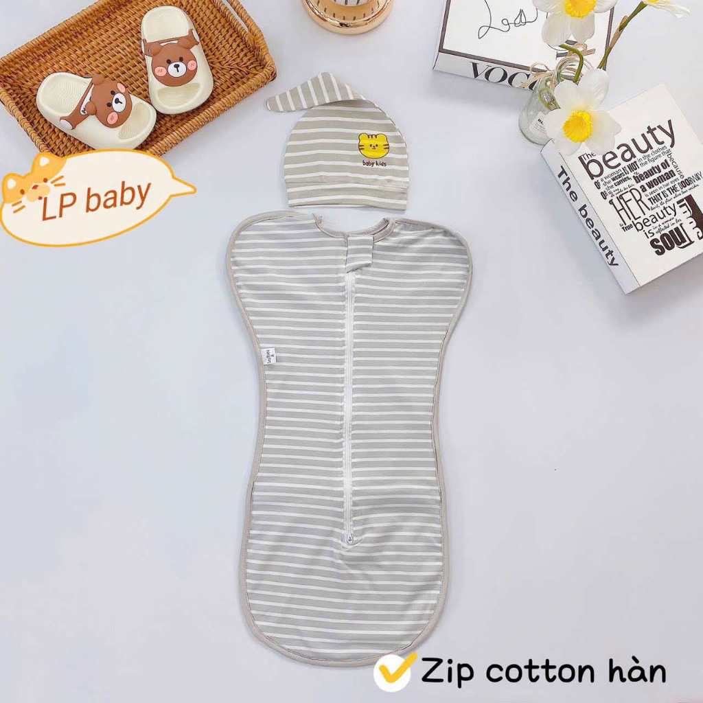 Nhộng chũn kẻ kèm mũ mềm mịn co giãn 4 chiều giúp bé ngủ sâu êm giấc