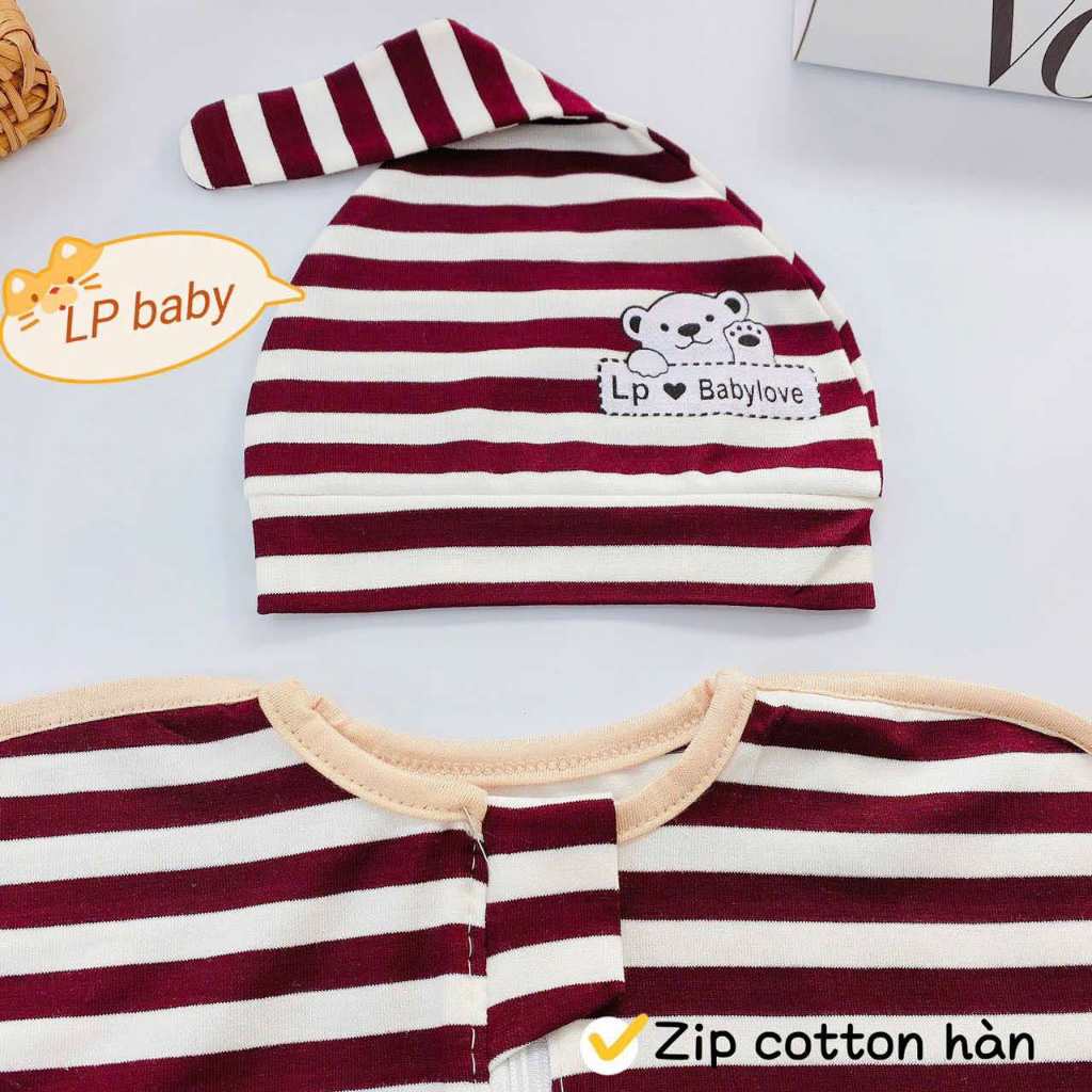 Nhộng chũn kẻ kèm mũ mềm mịn co giãn 4 chiều giúp bé ngủ sâu êm giấc