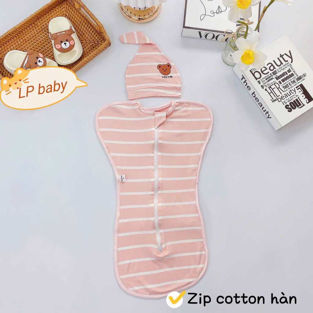 Nhộng chũn kẻ kèm mũ mềm mịn co giãn 4 chiều giúp bé ngủ sâu êm giấc