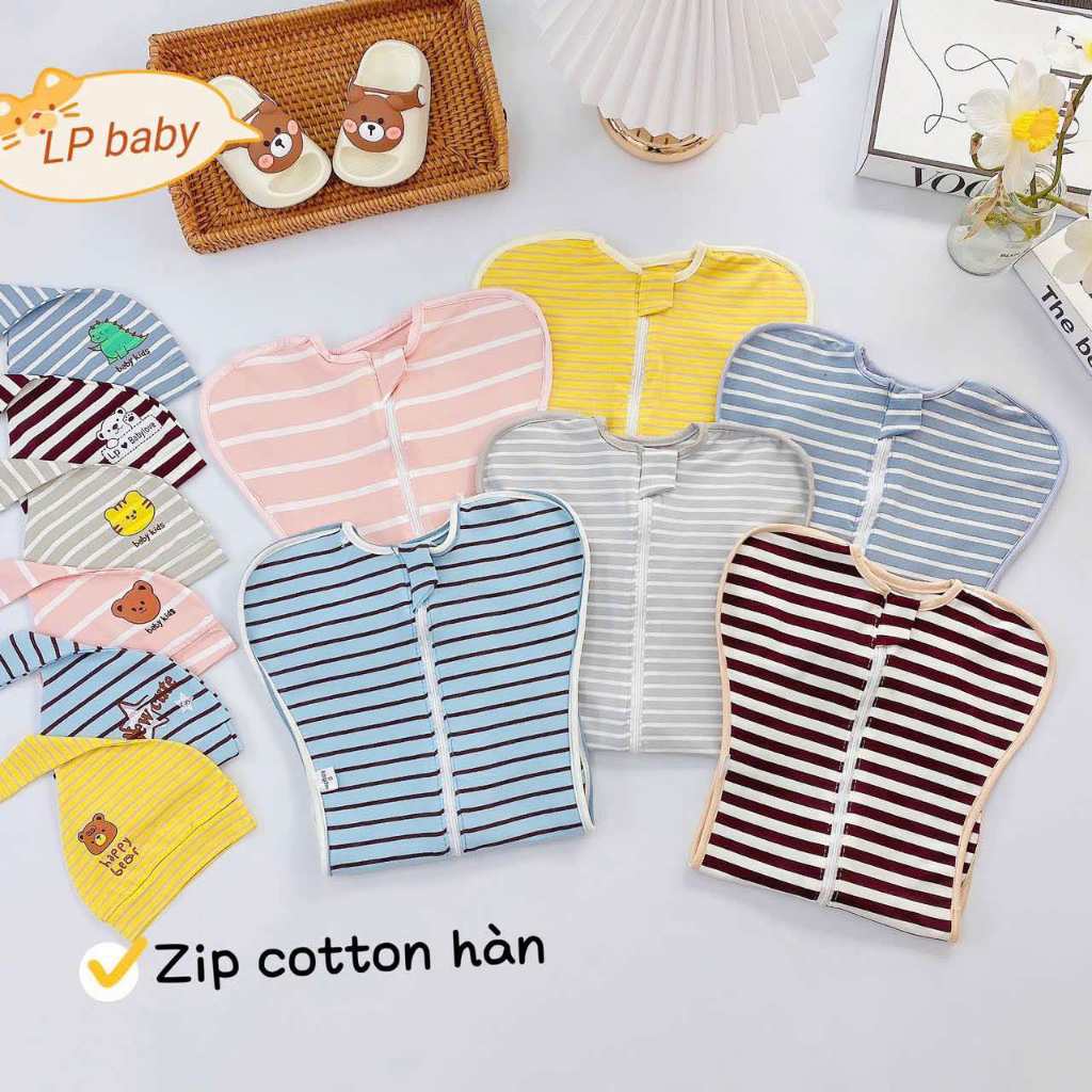 Nhộng chũn kẻ kèm mũ mềm mịn co giãn 4 chiều giúp bé ngủ sâu êm giấc