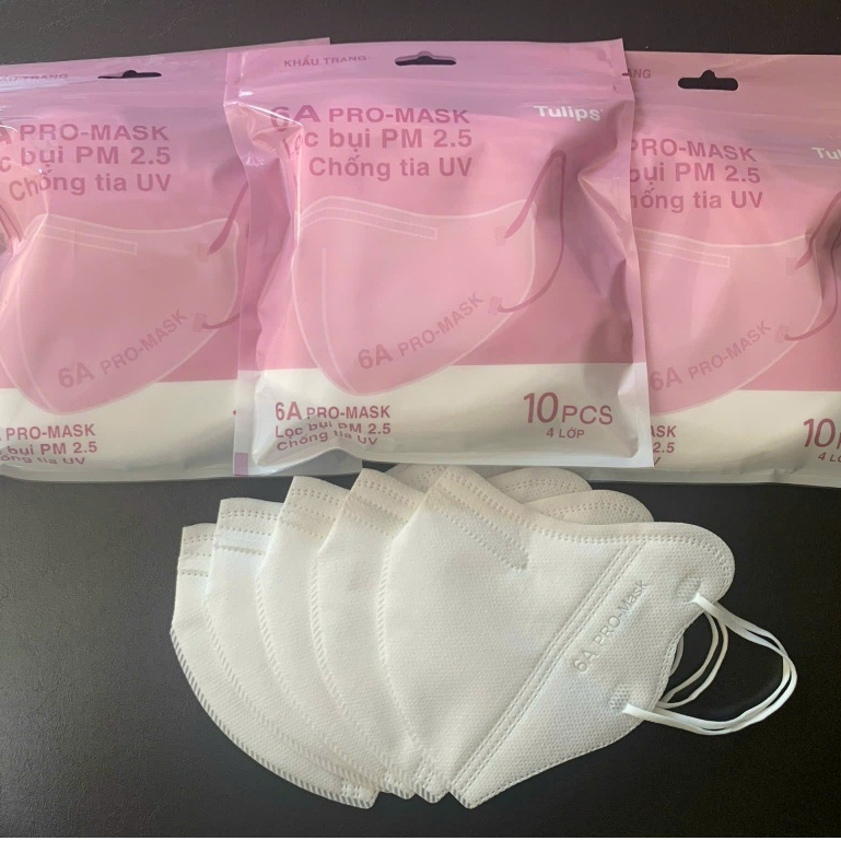 Combo 5 túi khẩu trang 6D Tulips 4 lớp ôm sát giúp kháng khuẩn chống tia UV, chống bụi, chống nắng