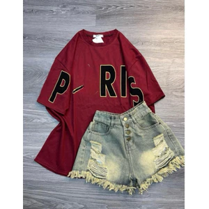 Set bộ áo thun cotton khô form rộng mix quần jean 4 cúc xanh