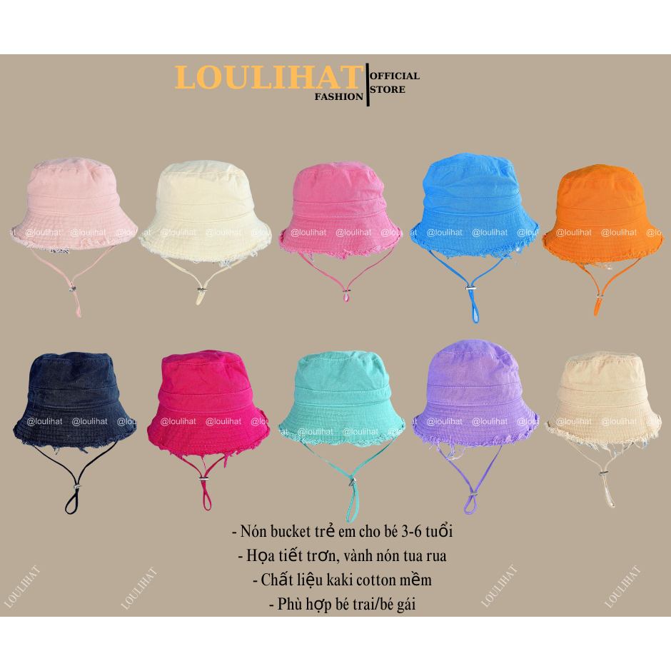 2-6 tuổi 50-52cm/Mũ bucket trẻ em tua rua viền rách trơn cho bé trai/bé ...