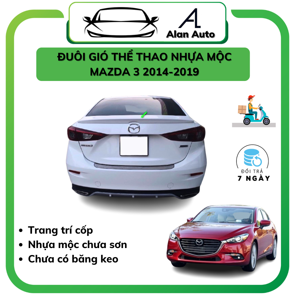 Đuôi Gió Liền Cốp xe MAZDA 3 2015-2023, HÀNG Nhựa MỘC CHƯA SƠN, chưa có băng keo 3m