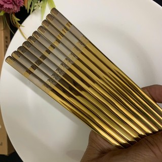 Bộ 5 Đôi Đũa Inox 304 Vuông Mạ Titan VÀNG (Phúc Lành) - Hoa Văn Tinh Tế, Chống Trượt Đũa Cao cấp