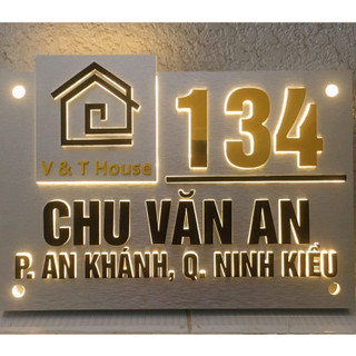 BẢNG, BIỂN SỐ NHÀ. Đèn LED, nền theo yêu cầu + inox, số nổi inox vàng 10mm