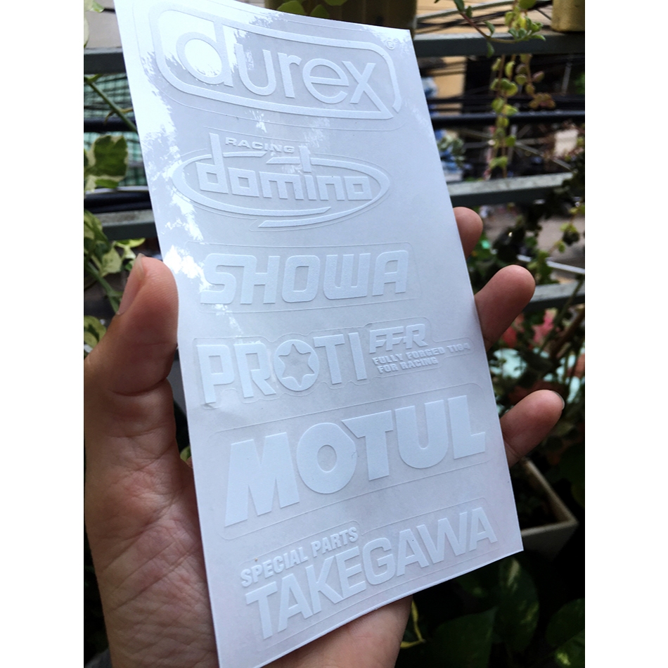 Tờ DUREXDOMINO chữ trắng in UV nền trong suốt. Decal chống nước. Logo Sticker cao cấp