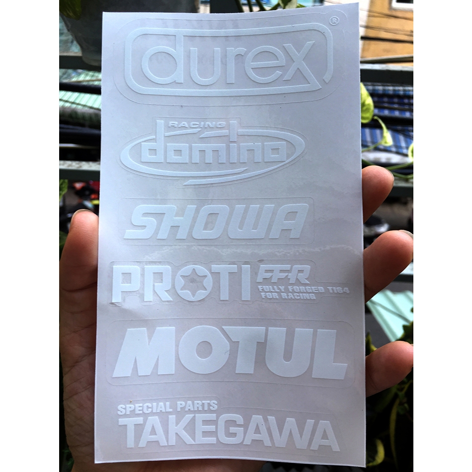Tờ DUREXDOMINO chữ trắng in UV nền trong suốt. Decal chống nước. Logo Sticker cao cấp