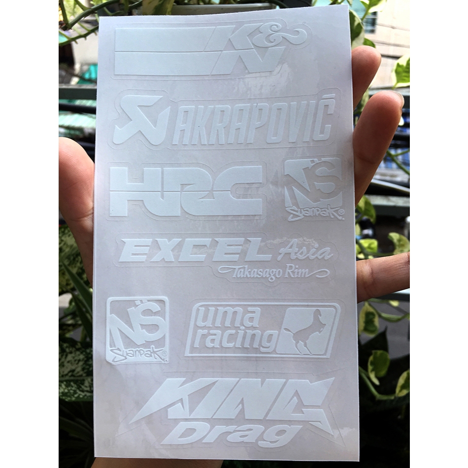 Tờ KN-AKRAPOVIC chữ trắng in UV nền trong suốt. Decal chống nước. Logo Sticker cao cấp
