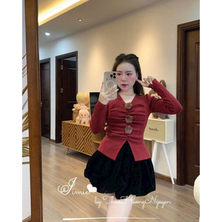 Áo len dài tay thu đông đính hoa nổi, cổ V dúm ngực xẻ tà 696