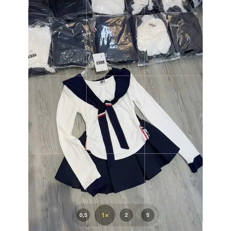 Set đồ nữ áo cotton dài tay cổ tròn chất liệu cao cấp phối chân váy xếp ly Jumito, đồ bộ nữ tiểu thư dễ thương HCOM3031