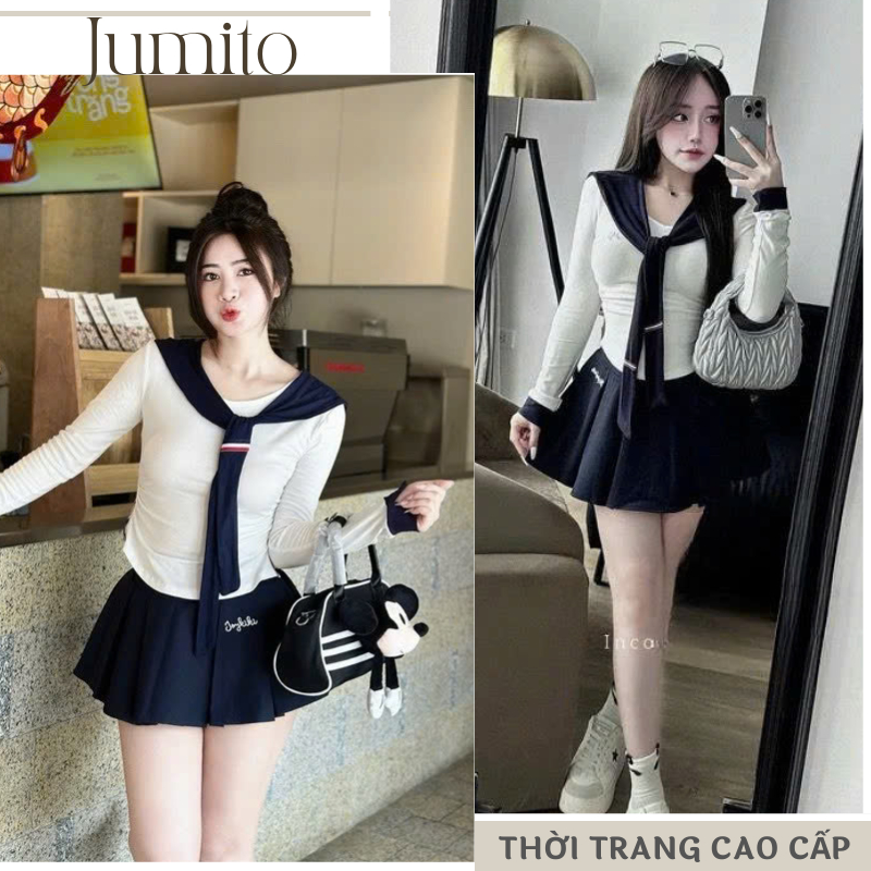 Set đồ nữ áo cotton dài tay cổ tròn chất liệu cao cấp phối chân váy xếp ly Jumito, đồ bộ nữ tiểu thư dễ thương HCOM3031