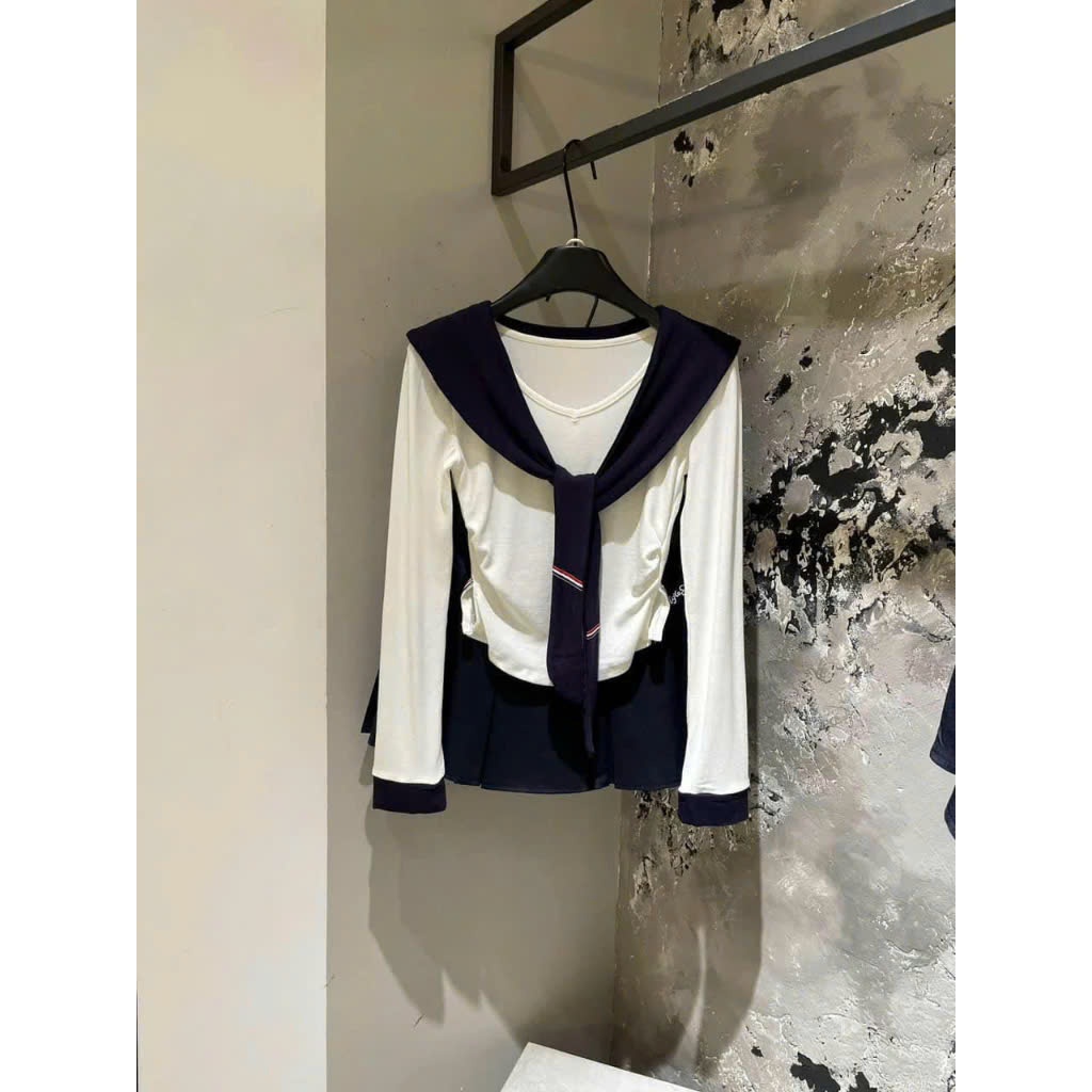Set đồ nữ áo cotton dài tay cổ tròn chất liệu cao cấp phối chân váy xếp ly Jumito, đồ bộ nữ tiểu thư dễ thương HCOM3031