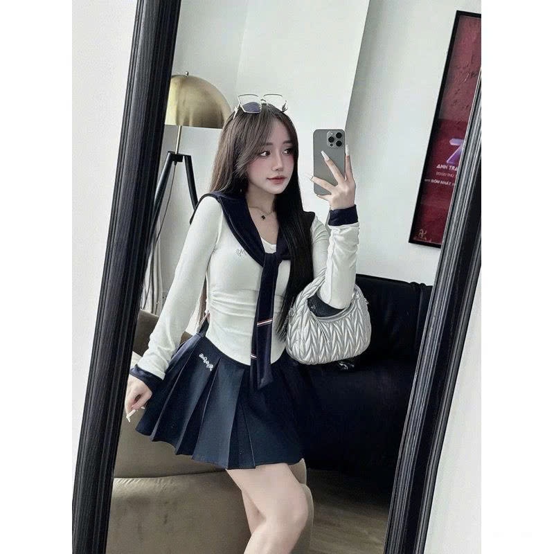 Set đồ nữ áo cotton dài tay cổ tròn chất liệu cao cấp phối chân váy xếp ly Jumito, đồ bộ nữ tiểu thư dễ thương HCOM3031