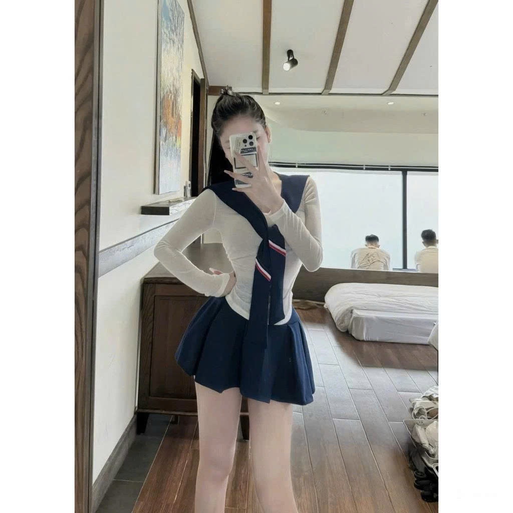Set đồ nữ áo cotton dài tay cổ tròn chất liệu cao cấp phối chân váy xếp ly Jumito, đồ bộ nữ tiểu thư dễ thương HCOM3031