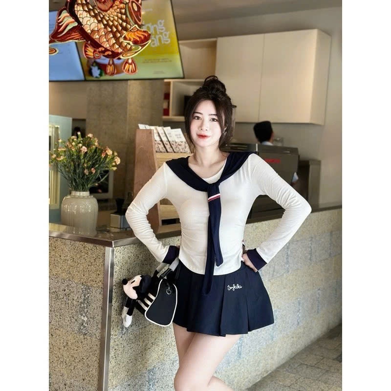 Set đồ nữ áo cotton dài tay cổ tròn chất liệu cao cấp phối chân váy xếp ly Jumito, đồ bộ nữ tiểu thư dễ thương HCOM3031