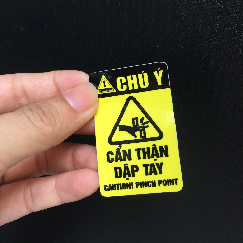 Chú ý [3.5 x 5.5cm] cẩn thận kẹt tay, dập tay, nhiệt độ tăng cao, cảnh báo có điện. Decal cao cấp chống nước