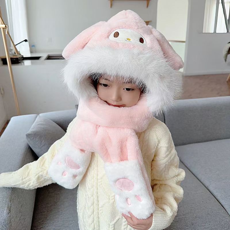 Mũ trẻ em kèm Găng Tay 3in1 họa tiết Hoạt Hình Dễ Thương melody Cinnamoroll dày dặn nhiều màu