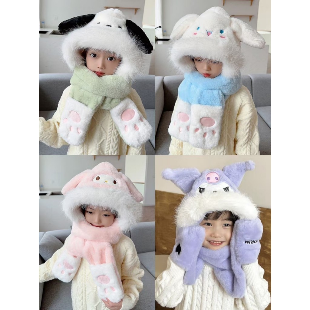 Mũ trẻ em kèm Găng Tay 3in1 họa tiết Hoạt Hình Dễ Thương melody Cinnamoroll dày dặn nhiều màu
