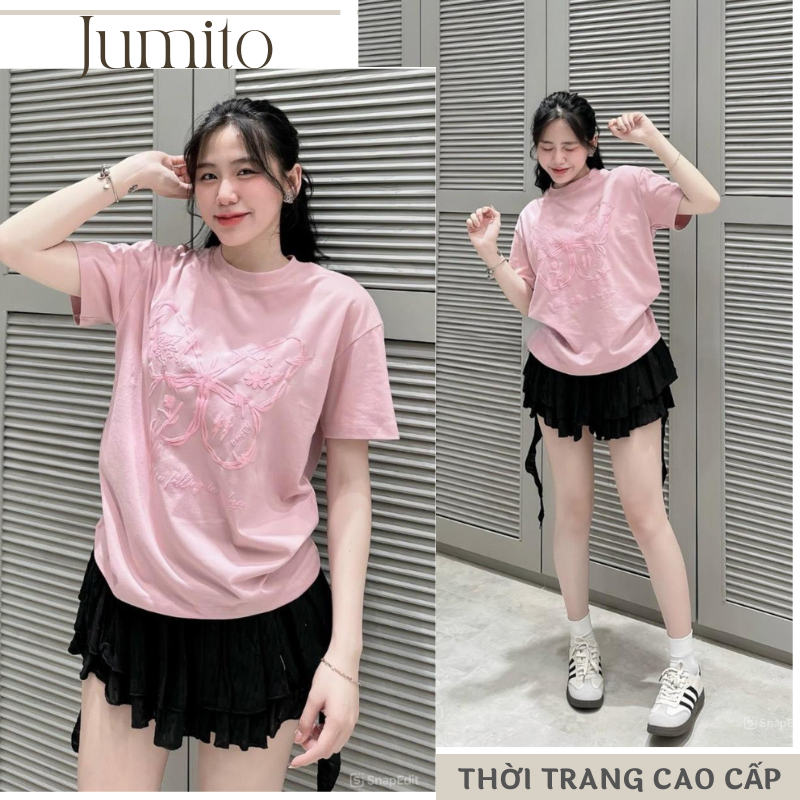 Áo phông nữ thêu hình bướm màu hồng dễ thương Jumato, áo thun nữ chất cotton mềm mịn thoáng mát cao cấp D1613