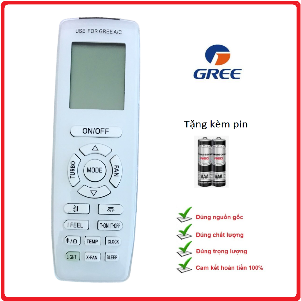Điều khiển remote từ xa điều hòa gree FAN mẫu dài mặt trắng - tặng pin