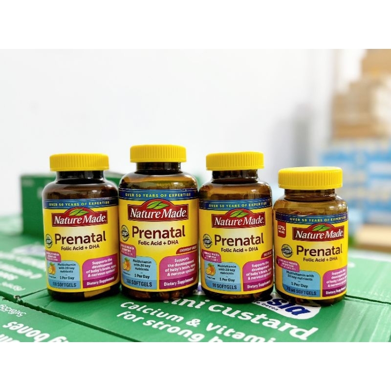 [Date 12/2027] Vitamin Tổng Hợp+DHA Prenatal Bầu Mỹ Nature Made Prenatal Folic Acid+DHA 150 Viên New