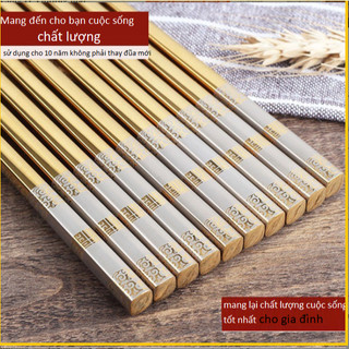 Bộ 5 Đôi Đũa Inox 304 Vuông Mạ Titan VÀNG (Phúc Lành) - Hoa Văn Tinh Tế, Chống Trượt Đũa Cao cấp