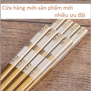 Bộ 5 Đôi Đũa Inox 304 Vuông Mạ Titan VÀNG (Phúc Lành) - Hoa Văn Tinh Tế, Chống Trượt Đũa Cao cấp