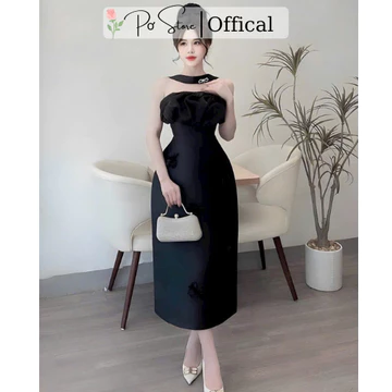 Váy cúp ngực kết hoa dự tiệc nữ tính Đầm thiết kế cúp ngực xoè nhẹ đính hoa nổi bật PB016