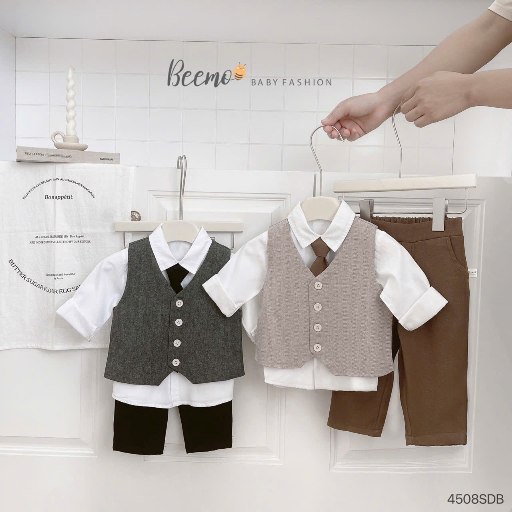 Bộ sơ mi vest phối sơ mi bé trai (kèm cavat), set công tử sơ mi phối gile, quần âu bé trai